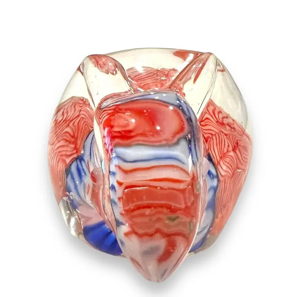 Art Glass Rabbit Paperweight Bunny Hand Blown Millefiori Clear Red White Blue